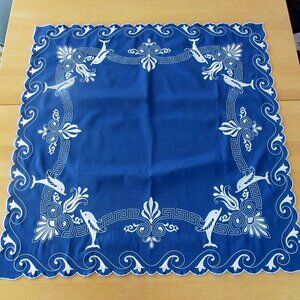 Vintage Royal blue embroidered square table topper tablecloth with dolphins -34"
